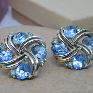 Lisner Signed Blue Crystal Clip Earrings